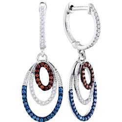 Womens Round Blue Color Enhanced Diamond Dangle Earrings 1/3 Cttw 10kt White Gold - REF-27A9M