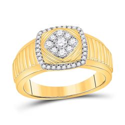 Mens Round Diamond Ribbed Square Cluster Ring 1/2 Cttw 10kt Yellow Gold - REF-52N9F