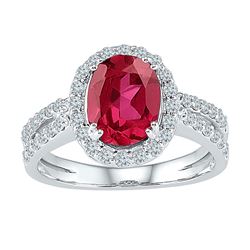 Womens Oval Lab-Created Ruby Solitaire Ring 2 Cttw 10kt White Gold - REF-38M9H