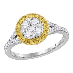 Womens Round Yellow Diamond Cluster Ring 3/4 Cttw 18kt White Gold - REF-93W9K