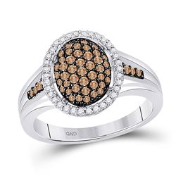 Womens Round Brown Diamond Oval Cluster Ring 1/2 Cttw 10kt White Gold - REF-29Y9N