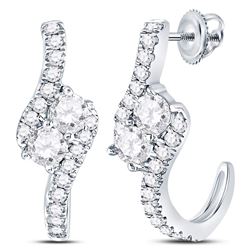 Womens Round Diamond J-Hoop 2-stone Earrings 1 Cttw 14kt White Gold - REF-87A5M