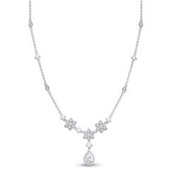 Womens Pear Diamond Flower Teardrop Necklace 7/8 Cttw 14kt White Gold - REF-98R5X