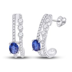 Womens Oval Blue Sapphire Fashion J Hoop Earrings 3/4 Cttw 14kt White Gold - REF-30W5K