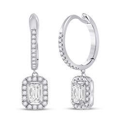 Womens Emerald Diamond Hoop Dangle Earrings 1 Cttw 14kt White Gold - REF-126H9R