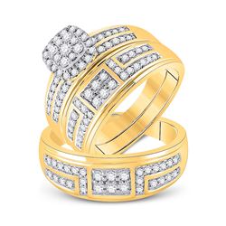 His Hers Round Diamond Cluster Matching Wedding Set 1 Cttw 10kt Yellow Gold - REF-93N9F