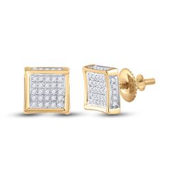 Mens Round Diamond Square Earrings 1/8 Cttw 10kt Yellow Gold - REF-13F9W