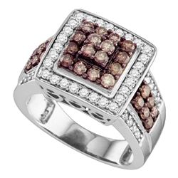 Womens Round Brown Diamond Square Cluster Ring 1-1/2 Cttw 10kt White Gold - REF-76N9F