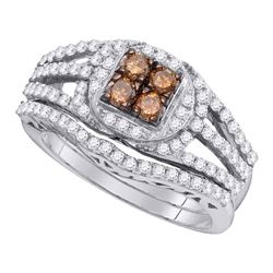 Womens Round Brown Diamond Bridal Wedding Ring Band Set 1 Cttw 10kt White Gold - REF-63A9M