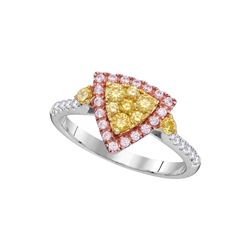 Womens Round Yellow Pink Diamond Triangle Fashion Ring 7/8 Cttw 14kt White Gold - REF-76N5F