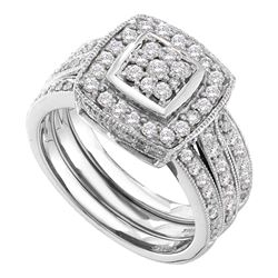 Diamond Cluster 3-Piece Bridal Wedding Ring Band Set 1 Cttw 14kt White Gold - REF-96X9A