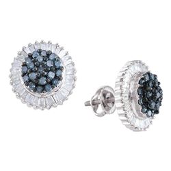 Womens Round Blue Color Enhanced Diamond Cluster Earrings 1 Cttw 10kt White Gold - REF-29W5K