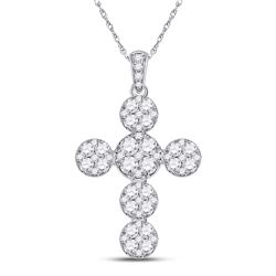 Womens Round Diamond Cluster Cross Pendant 1-1/3 Cttw 14kt White Gold - REF-76N5F