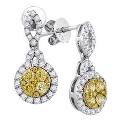 Womens Round Yellow Diamond Circle Dangle Earrings 7/8 Cttw 14kt White Gold - REF-65K5Y