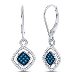 Womens Round Blue Color Enhanced Diamond Dangle Earrings 1/3 Cttw 10kt White Gold - REF-17R5X