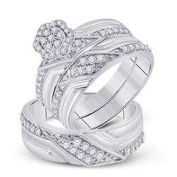 His Hers Round Diamond Cluster Matching Wedding Set 3/4 Cttw 10kt White Gold - REF-60A9M