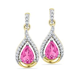 Womens Lab-Created Pink Sapphire Dangle Earrings 3-1/5 Cttw 10kt Yellow Gold - REF-16N9F