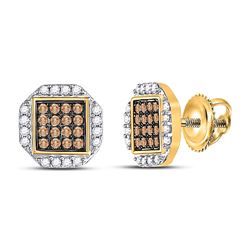 Womens Round Brown Diamond Octagon Cluster Earrings 3/8 Cttw 10kt Yellow Gold - REF-14F9W