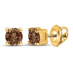 Womens Round Brown Diamond Solitaire Earrings 1 Cttw 10kt Yellow Gold - REF-35R5X