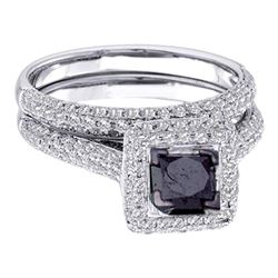 Princess Black Color Enhanced Diamond Bridal Wedding Set 1-1/4 Cttw Size 5 14kt White Gold - REF-57N