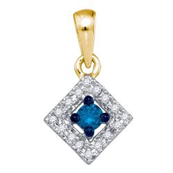 Womens Round Blue Color Enhanced Diamond Square Pendant 1/5 Cttw 10kt Yellow Gold - REF-10A5M