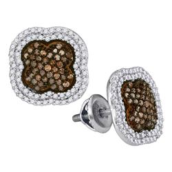 Womens Round Brown Diamond Quatrefoil Cluster Earrings 3/4 Cttw 10kt White Gold - REF-32N5F