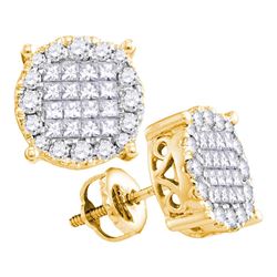 Womens Princess Round Diamond Cluster Earrings 1 Cttw 14kt Yellow Gold - REF-71W9K