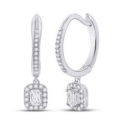 Womens Emerald Diamond Hoop Dangle Earrings 1/2 Cttw 14kt White Gold - REF-58K9Y