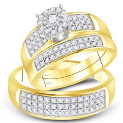 His Hers Round Diamond Halo Matching Wedding Set 7/8 Cttw 14kt Yellow Gold - REF-85A5M