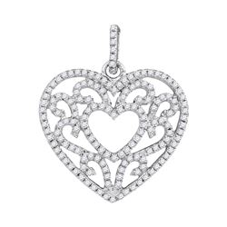 Womens Round Diamond Curl Heart Pendant 1/2 Cttw 10kt White Gold - REF-21R5X