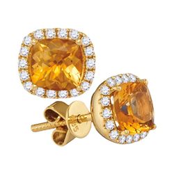 Womens Princess Natural Citrine Diamond Stud Earrings 1/4 Cttw 14kt Yellow Gold - REF-49X9A