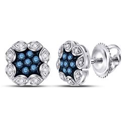 Womens Round Blue Color Enhanced Diamond Cluster Earrings 1/5 Cttw 10kt White Gold - REF-13X9A
