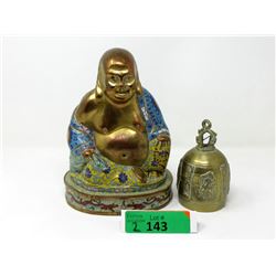 Asian Brass Bell and Cloisonné Buddha