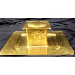 Antique Brass Inkwell and Tray