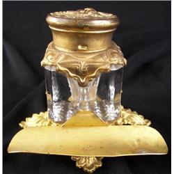 Antique Crystal Inkwell Gilt Repousse
