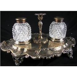 Antique Crystal Inkwells on Silver Stand