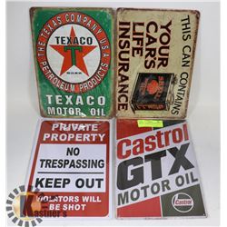 LOT OF 4 VARIOUS NEW TIN SIGNS