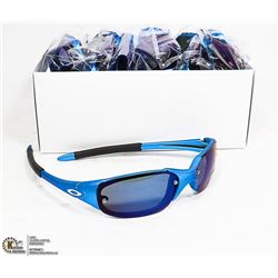BOX OF METALLIC BLUE OAKLEY STYLED SUNGLASSES