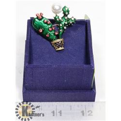 ENAMELED CACTUS BROOCH WITH FAUX PEARL &