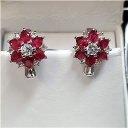 RHODIUM PLATED ST.SILVER RUBY(3CT) EARRINGS