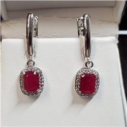 RHODIUM PLATED ST.SILVER RUBY(2CT)  EARRINGS