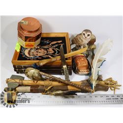 BOX OF NATIVE AMERICAN ORNAMENTS, BOOKS AND MORE