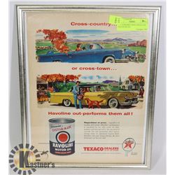 11 X 14 FRAMED 1950'S TEXACO OIL VALVOLINE AD