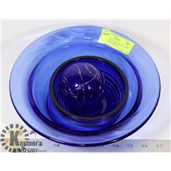 DECORATIVE LARGE BLUE GLASS BOWL, SMALL BOWL &