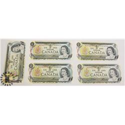 LOT OF 5 CANADIAN 1973 ONE DOLLAR BANK NOTES