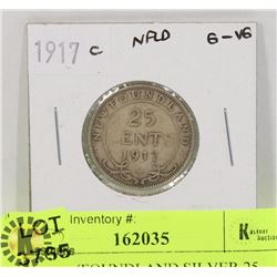 1917 NEWFOUNDLAND SILVER 25 CENT COIN