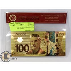 24 K GOLD PLATED BANK NOTE, COMES WITH CERTIFICATE