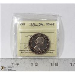 1958 FIFTY CENT SILVER COIN ICCS GRADED MS-62.
