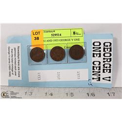 1928, 1932 AND 1933 GEORGE V ONE CENTS