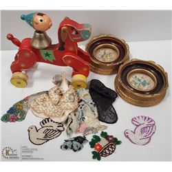 BOX OF SHELL ART AND LOT  OF APPLIQUES